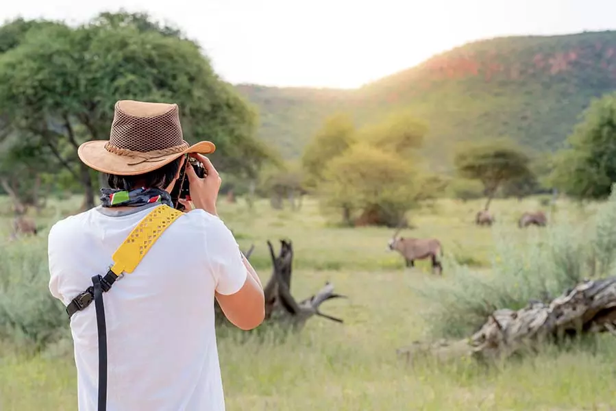 Young man Traveller and photographer taking photo of Oryx, a type of wildlife animal in African safari.